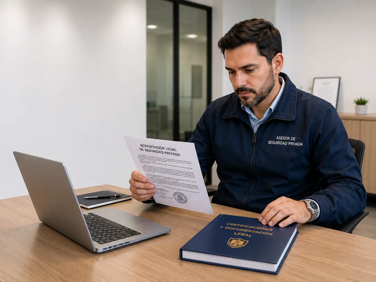 Asesor de seguridad privada revisando documentación de acreditación legal en oficina corporativa